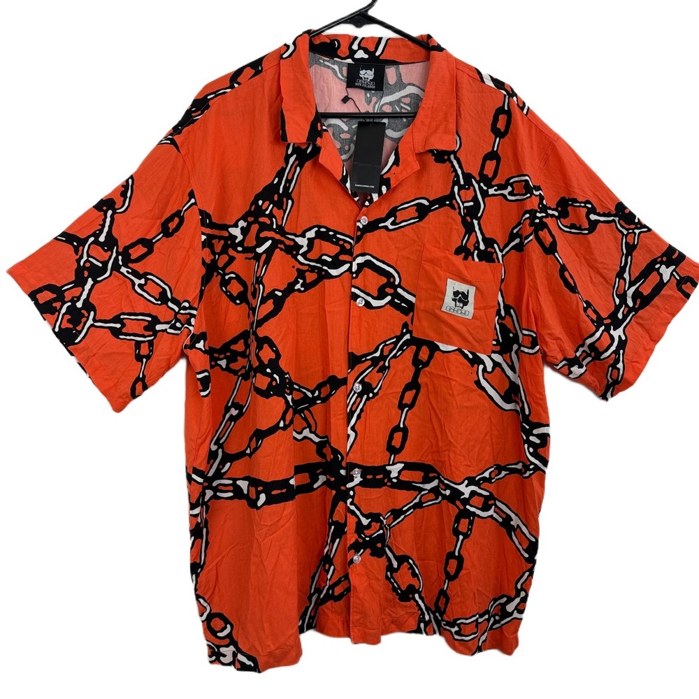 G59 Records Chained Shirt Mens 2XL Orange Short Sleeve Button Up Rap Rayon NWT